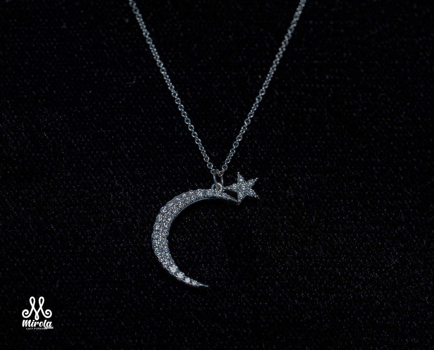 Moon with Small Star Diamond Pendant in 14 Karat White Gold