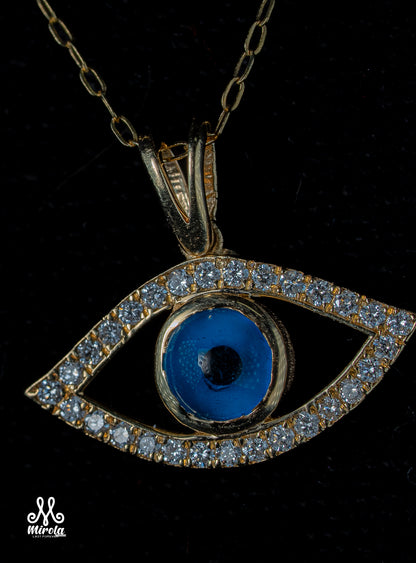 Evil Eye Diamond Pendant in 14 Karat Yellow Gold with 16-Inch Chain