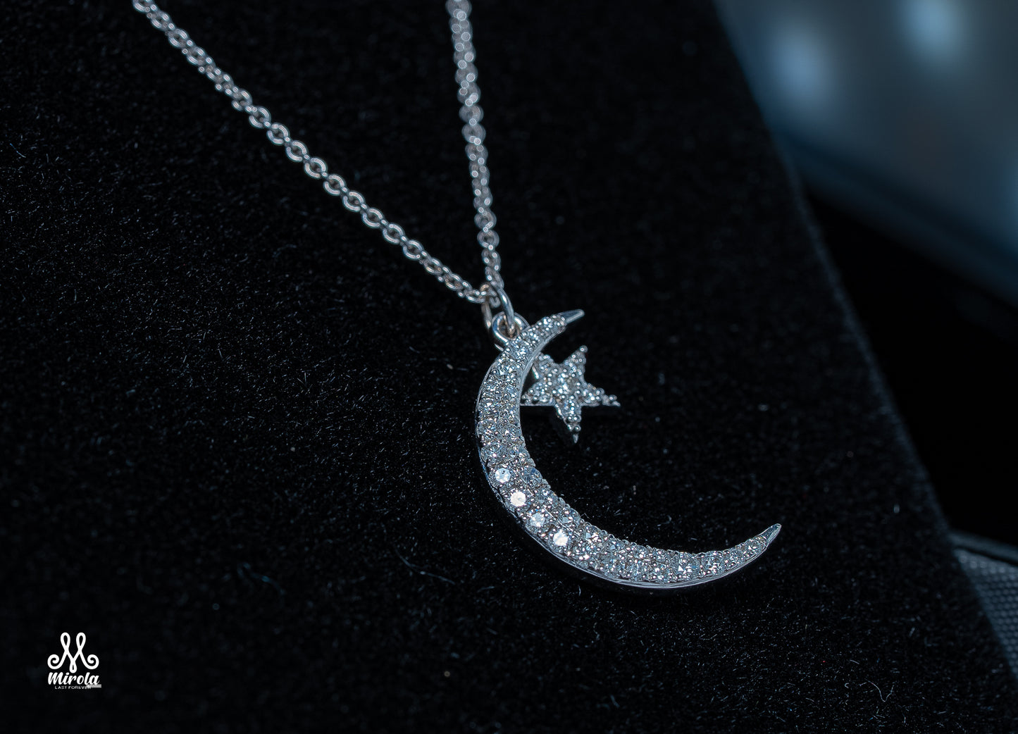 Moon with Small Star Diamond Pendant in 14 Karat White Gold