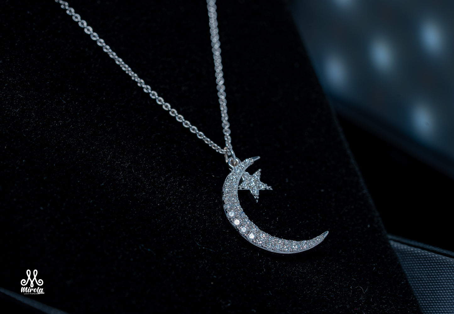 Moon with Small Star Diamond Pendant in 14 Karat White Gold