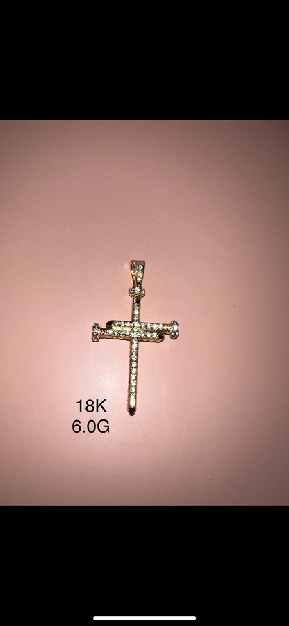 18K Yellow Gold Nail Cross Pendant